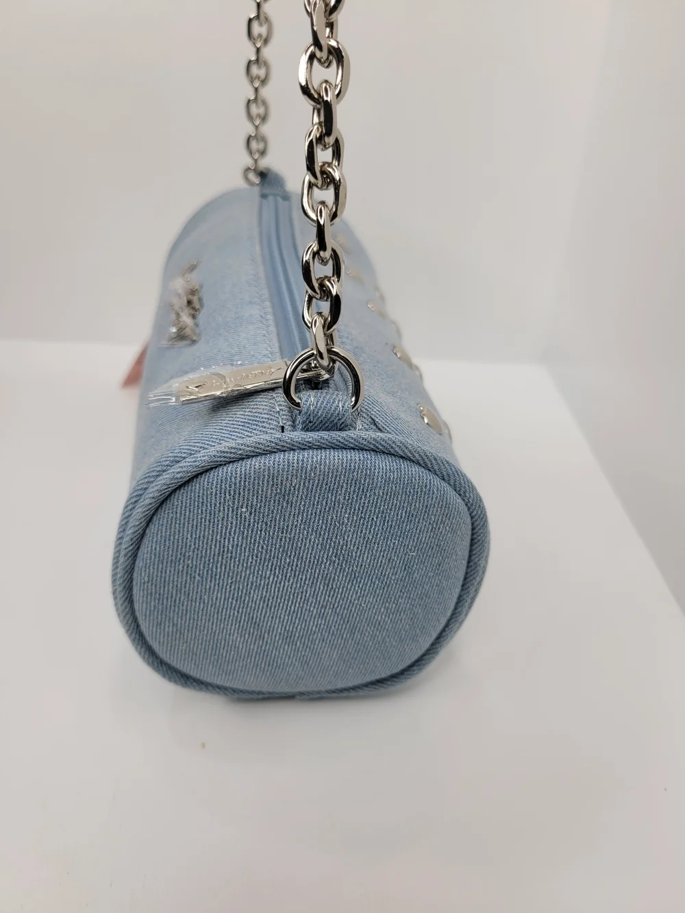 👉✨️ Betsey Johnson Light Blue Denim Studded Barrel Shoulder Bag